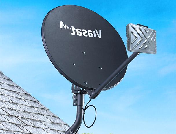 Viasat branded satellite dish with TRIA mounted to a rooftop
